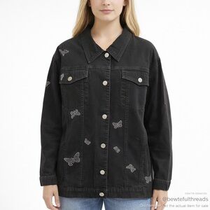 Black Denim Jacket Rhinestone Butterfly Embellished 2X